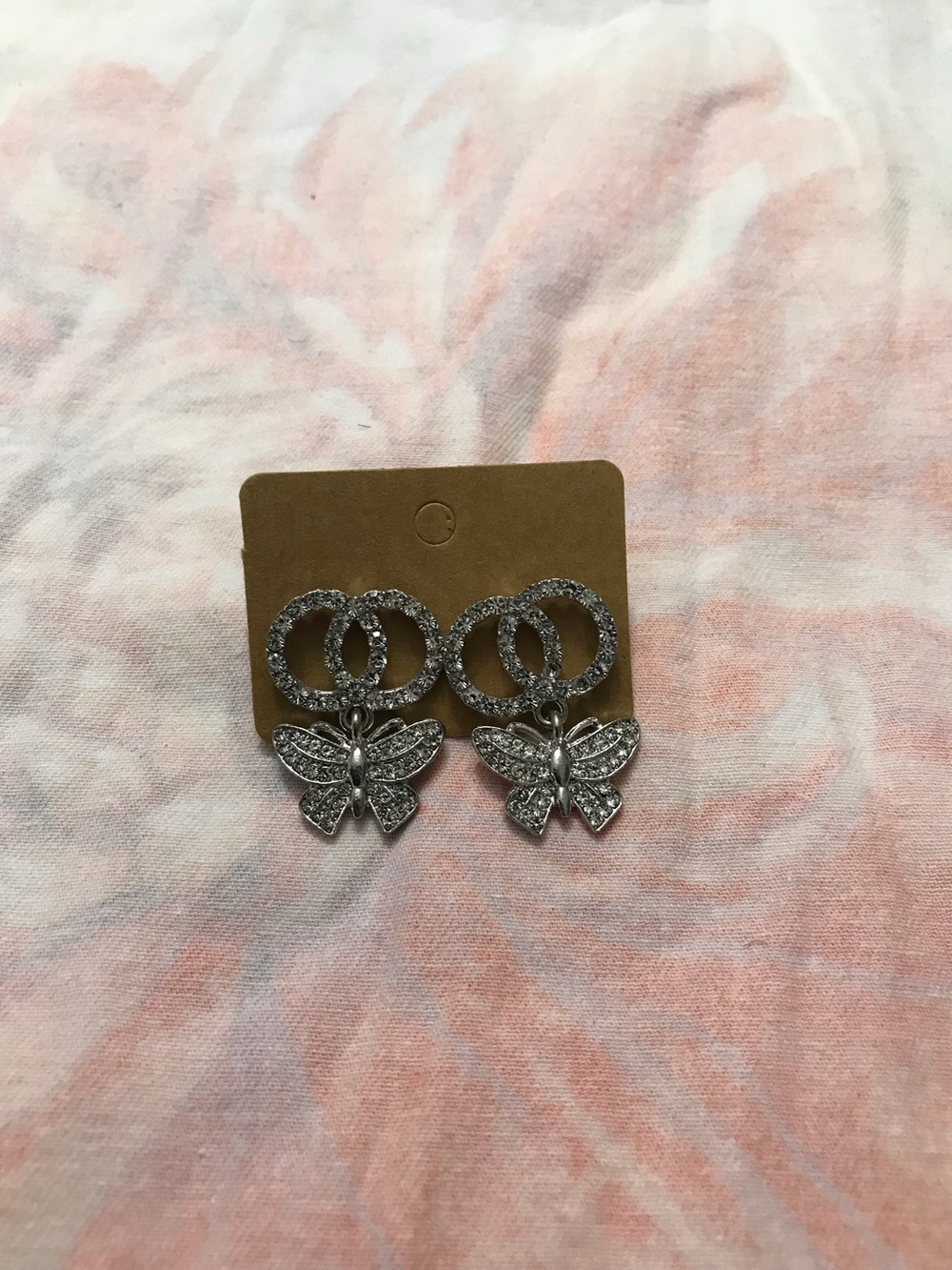 Silver Tone White Rhinestones Bling Butterfly Dangling Earrings